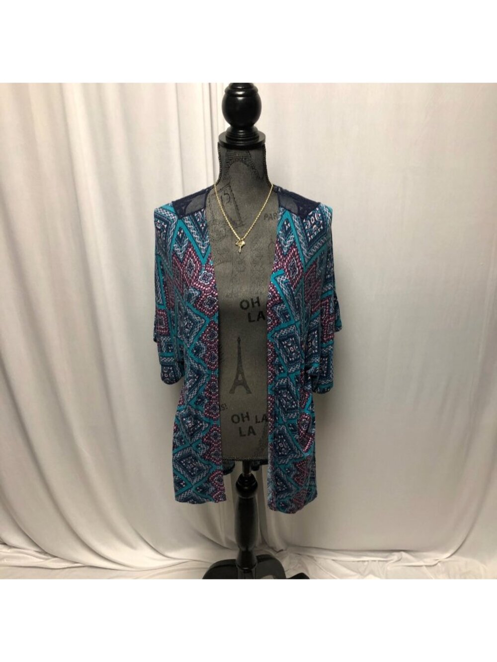 Vanity Cardigan Womens Size Small Teal Pink Open Front Lace Back Layering Boho